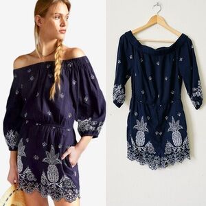 Farm Rio x Anthropologie SMALL Jackie linen blend embroidered romper in navy